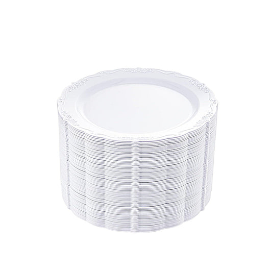 7.5-inch round disposable salad plates, clear design, 50 pack.