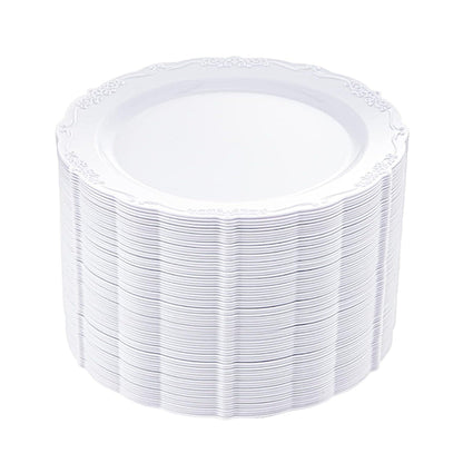 10-inch round disposable dinner plates, clear design, 50 pack.