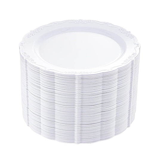 10-inch round disposable dinner plates, clear design, 50 pack.