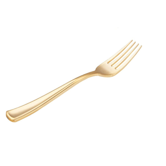 Pack of 24 disposable gold forks.