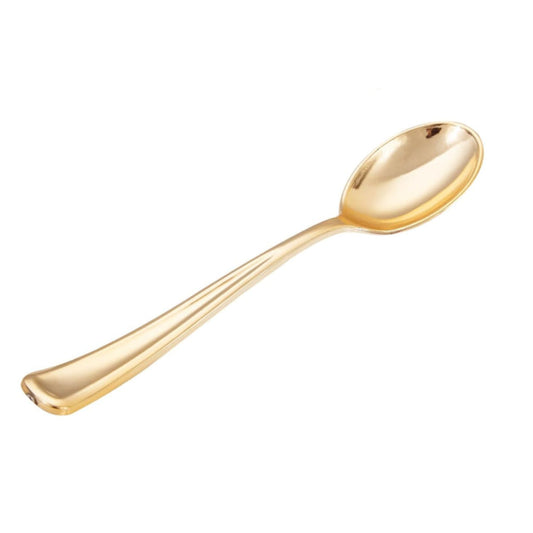 Pack of 24 disposable gold spoons.