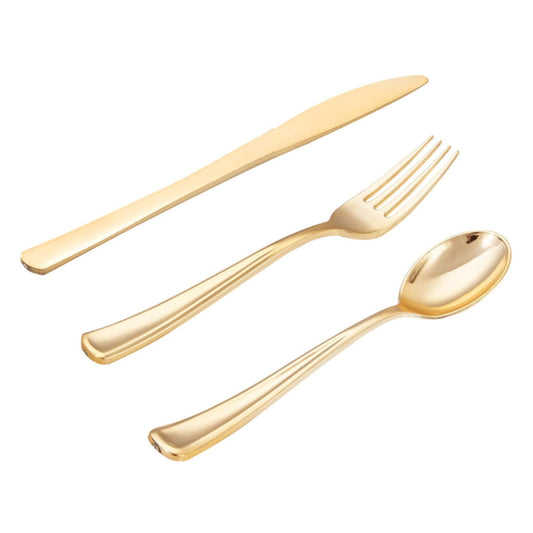 Assorted gold forks, knives, and spoons, 24 piece pack.