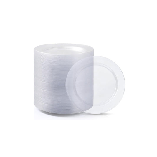 7.5-inch round clear plates, disposable, 50 pack.