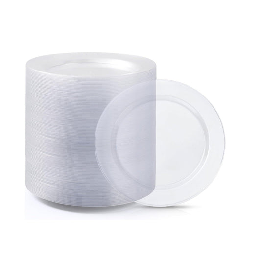 10.25-inch round clear disposable plates, 50 piece pack.