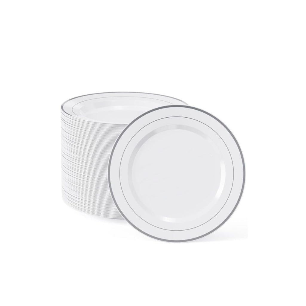 A stack of round disposable salad plates with a silver band rim, 50 pack.
