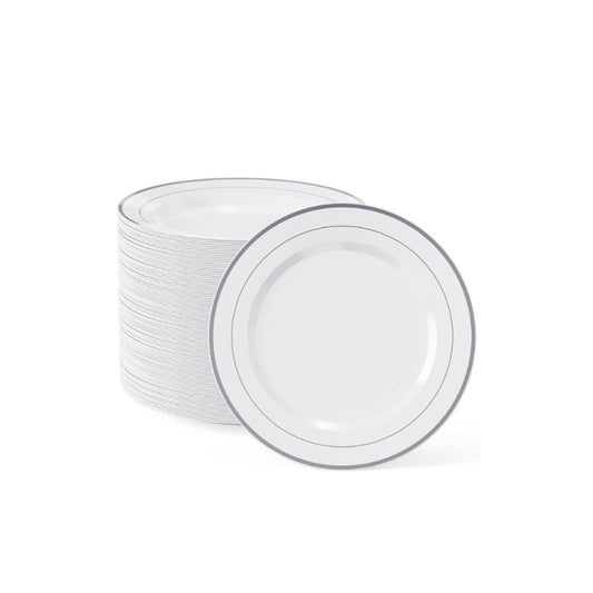 A stack of round disposable salad plates with a silver band rim, 50 pack.