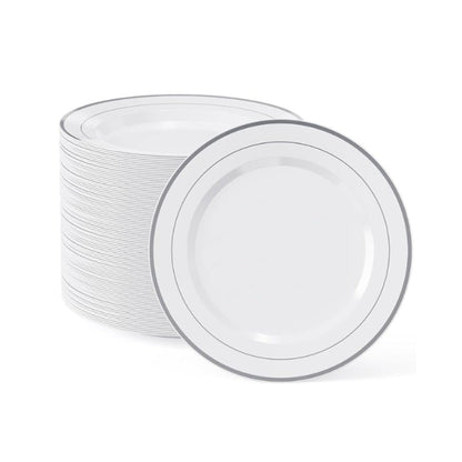 Round disposable dinner plates with a silver band rim, 50 count pack.