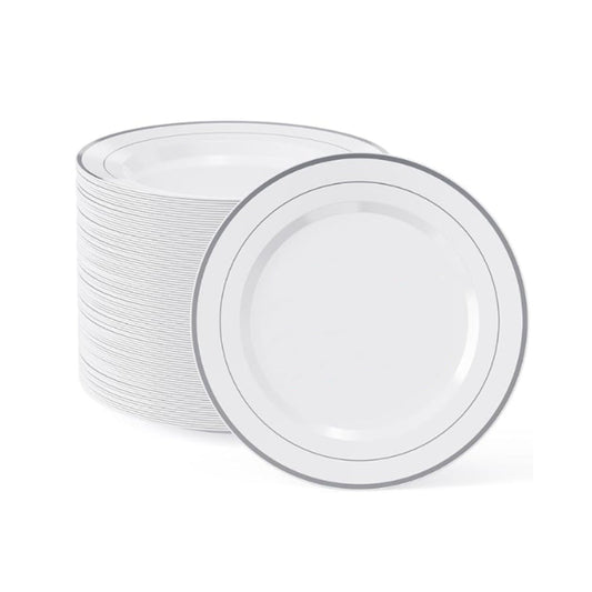 Round disposable dinner plates with a silver band rim, 50 count pack.