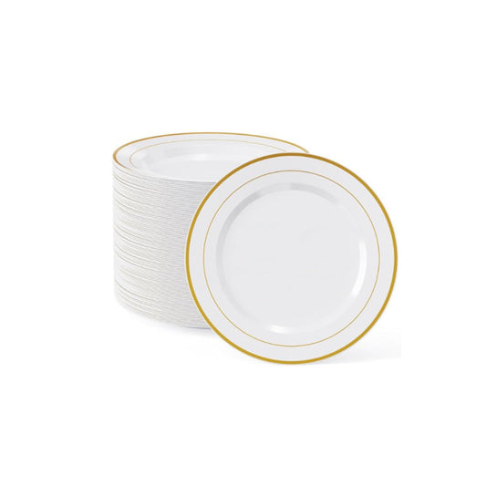 Round disposable salad plates with a gold band edge, 50 pack.