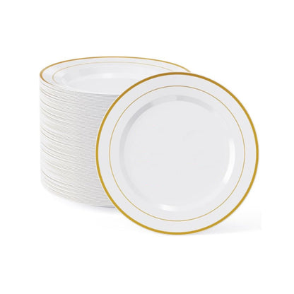 Round disposable dinner plates with gold band rims, 50 count.