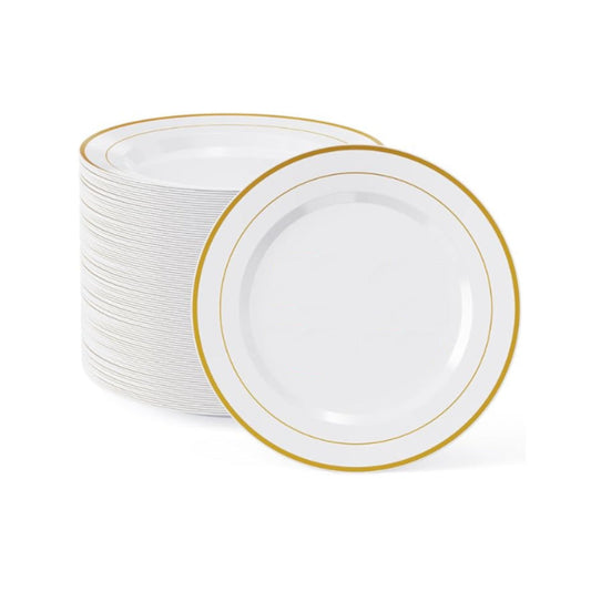 Round disposable dinner plates with gold band rims, 50 count.