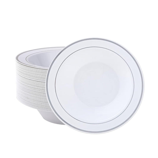White bowls with silver rims, 7.5-inch size, 12 pack.