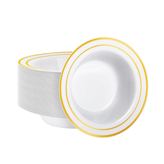White bowls with gold rims, 7.5-inch, 12 piece set.