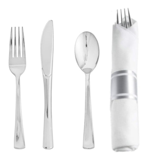 Silver cutlery prerolled in napkins, 10 piece set.