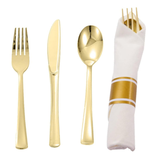 Gold disposable cutlery prerolled in napkins, 10 count.