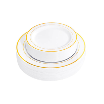 Disposable dinner and salad plates with matching gold rims, 50 piece combo pack.