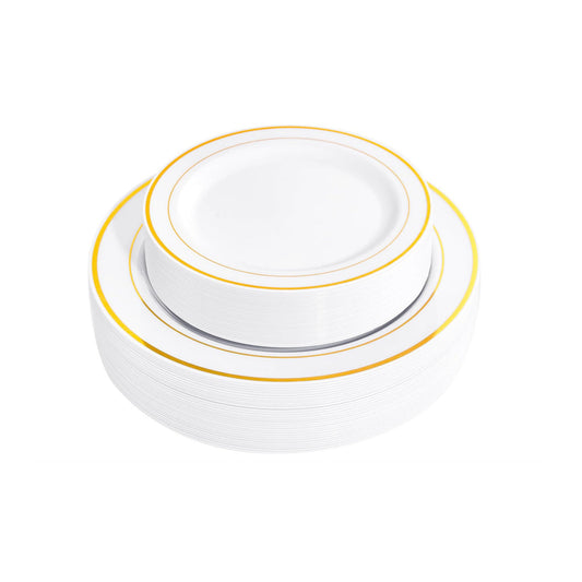 Disposable dinner and salad plates with matching gold rims, 50 piece combo pack.