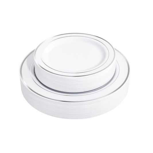 Disposable dinner and salad plates with silver rims, 50 piece combo pack.