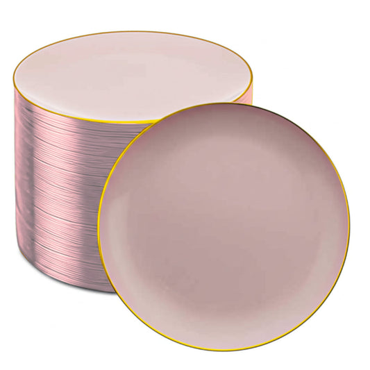 Large 10.25-inch pink plates with gold rims, 40 pack.