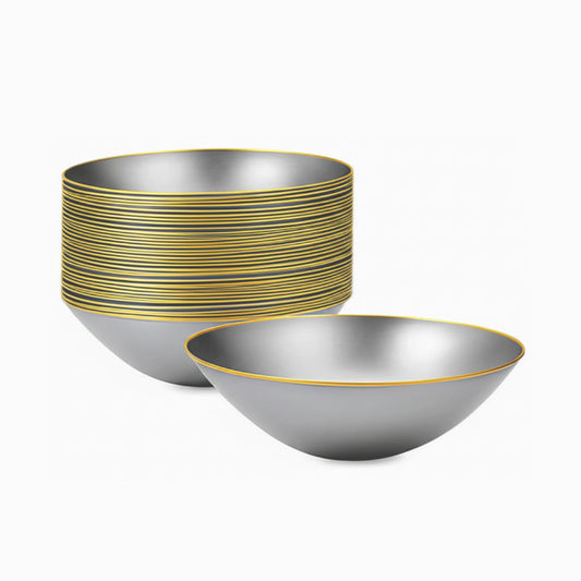 Silver bowls with gold rims, 16 oz size, 12 pack.