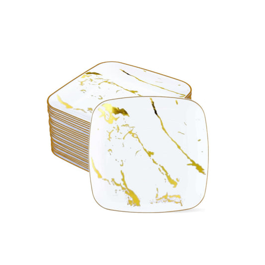 White marble square plates, 7.25-inch, 12 count.