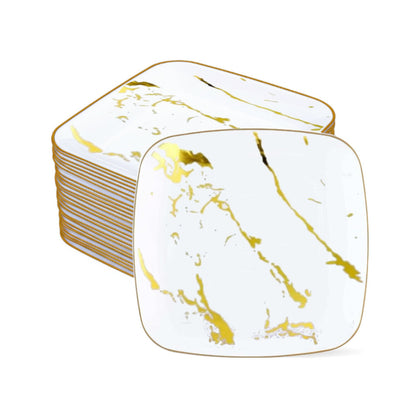 White marble square plates, 8.5-inch, 12 pack.