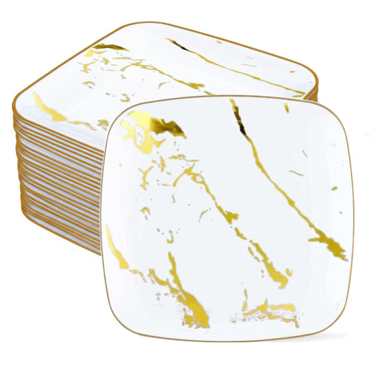 Large 10-inch white marble square plates, 12 pack.