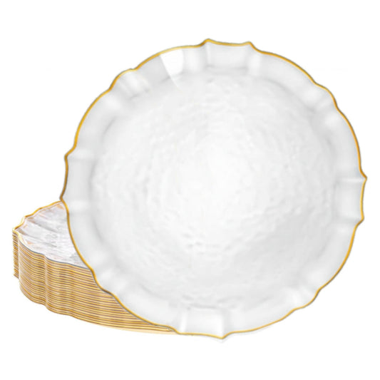 Clear dinner plates with gold rims, 40 piece pack.