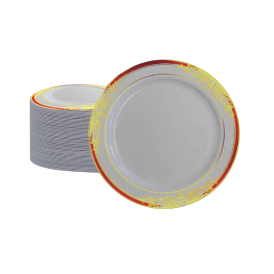 White salad plates with red decorative rims, 40 piece pack.