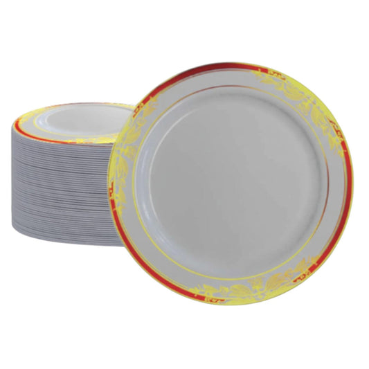White dinner plates with red decorative rims, 40 pack.