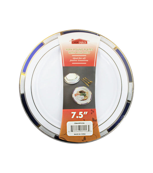 White salad plates with blue decorative rims, 40 count.