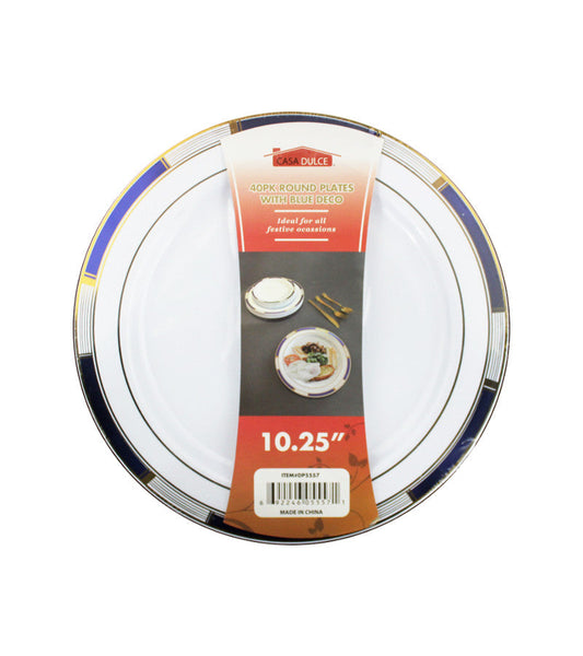White dinner plates with blue decorative rims, 40 piece pack.