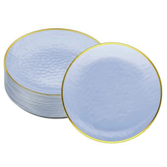 Clear dinner plates with blue and gold accents, 40 piece pack.