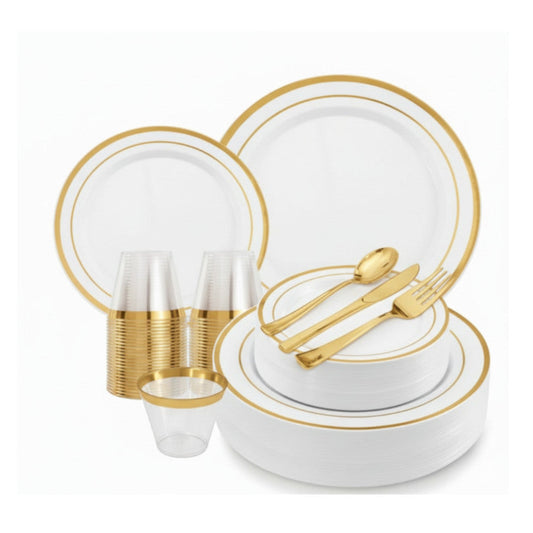 White round plates with gold band rims, 600 piece set.