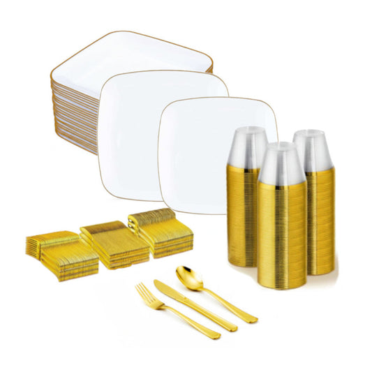 White square plates with gold rims, 480 piece set.