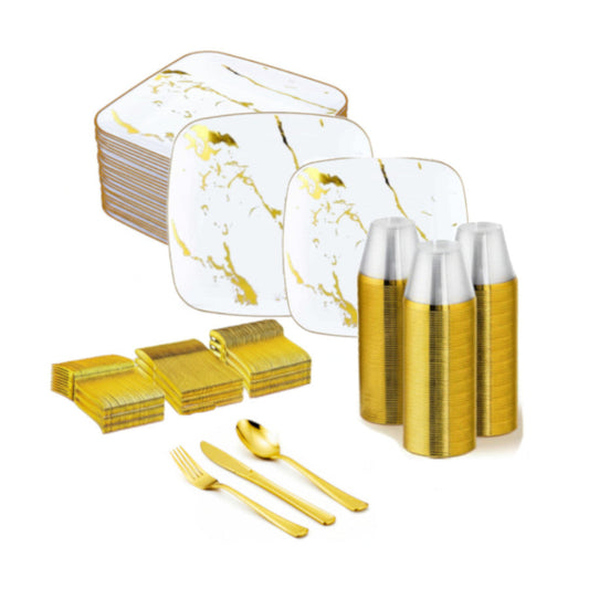 White square plates with gold marbling design and gold rims, 480 pack.