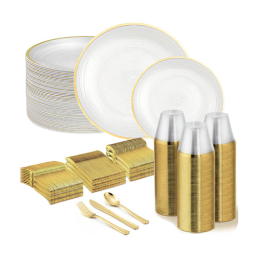 Clear round disposable plates with gold rims, 480 set.