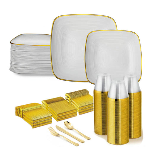 Clear square plates with gold rims, 480 piece set.