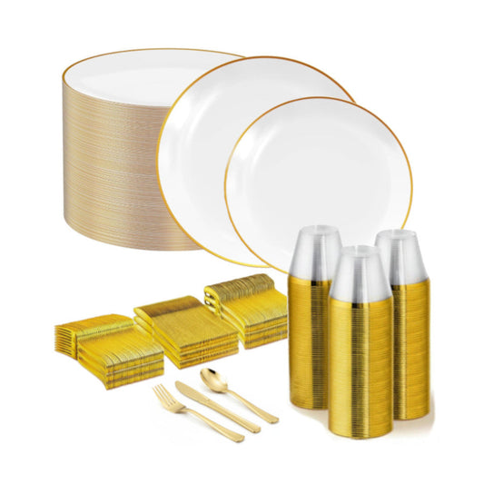 Round white plates with gold rims, 480 piece set.