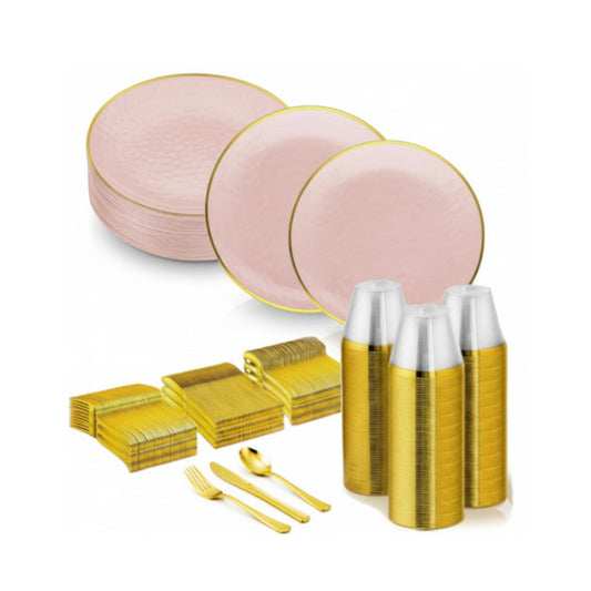 Transparent pink round plates with gold rims, 480 set.