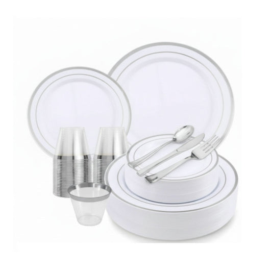 White round plates with silver band rims, 600 piece dinnerware set.