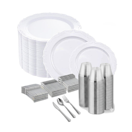 White round plates with scalloped edges and embossed flower design, 600 set.