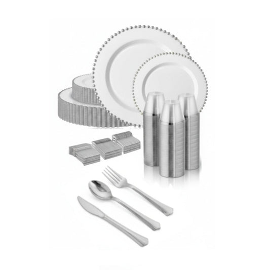 White round plates with silver beaded rims, 480 piece set.