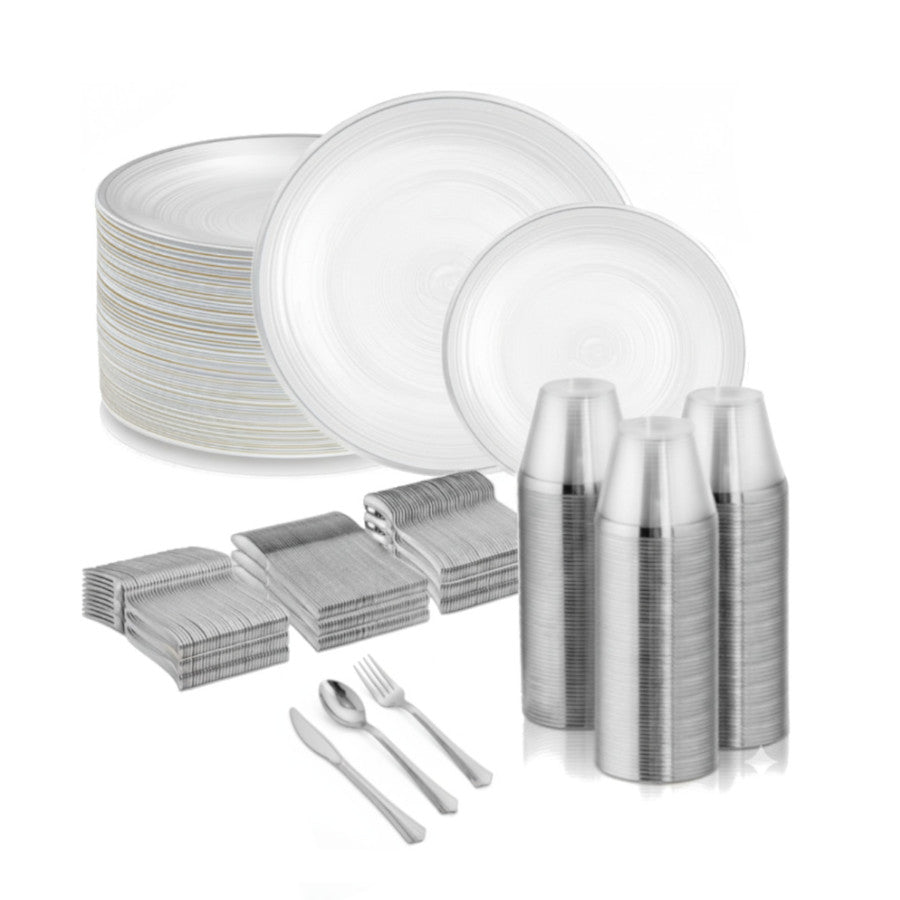 Clear round plates with silver rims, 480 piece dinnerware set.