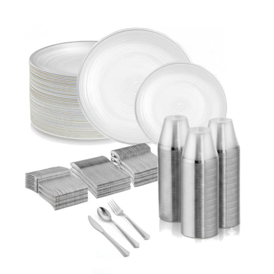 Clear round plates with silver rims, 480 piece dinnerware set.