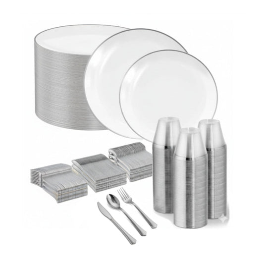 Round white plates with silver rims, 480 disposable set.