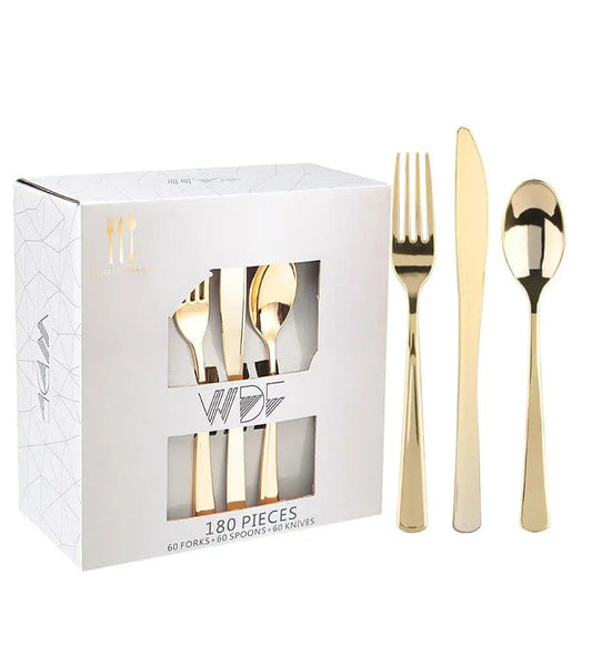 Disposable gold silverware set with forks, knives, and spoons, 180 pieces.